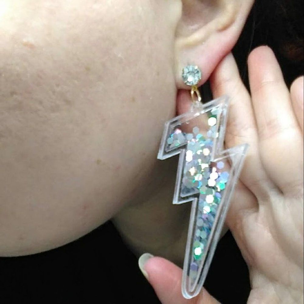 Acrylic Glitter Lightning Bolt Earrings, Kawaii Jewelry, 80s 90s Inspired - Picture 4 of 7